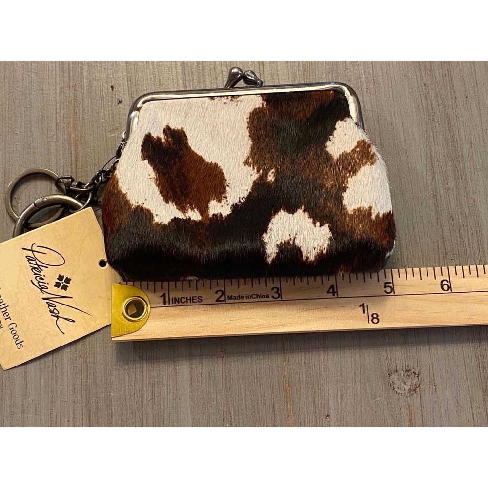 Patricia Nash Cow Print Calf Hair Leather Kiss Lock Coin Purse Keychain Black - Picture 5 of 11